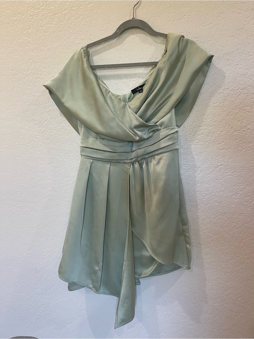 Lulu's One-Shoulder Satin Mini Dress in Light Sage